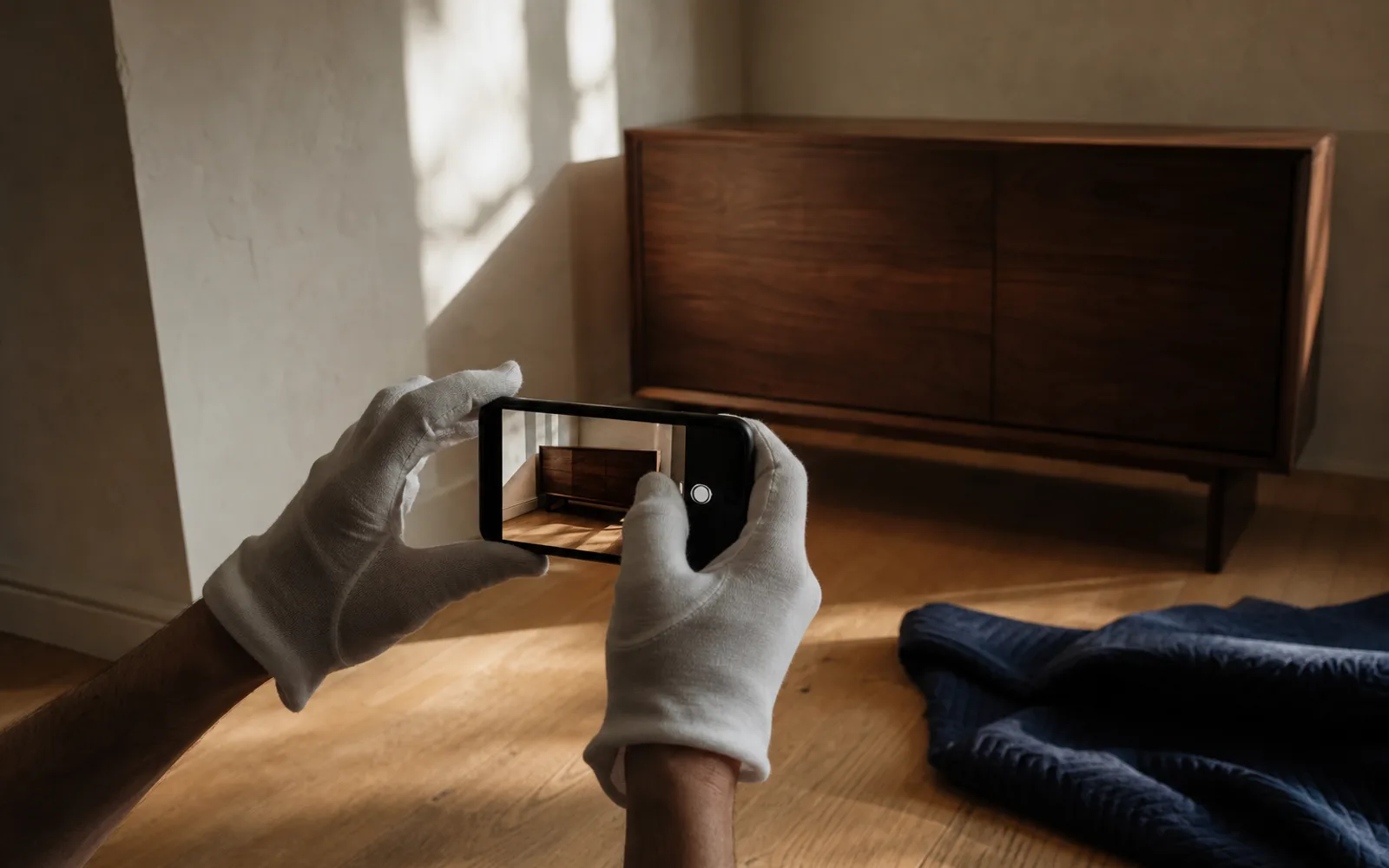 White-gloved hands photographing a just-delivered wood sideboard with a phone