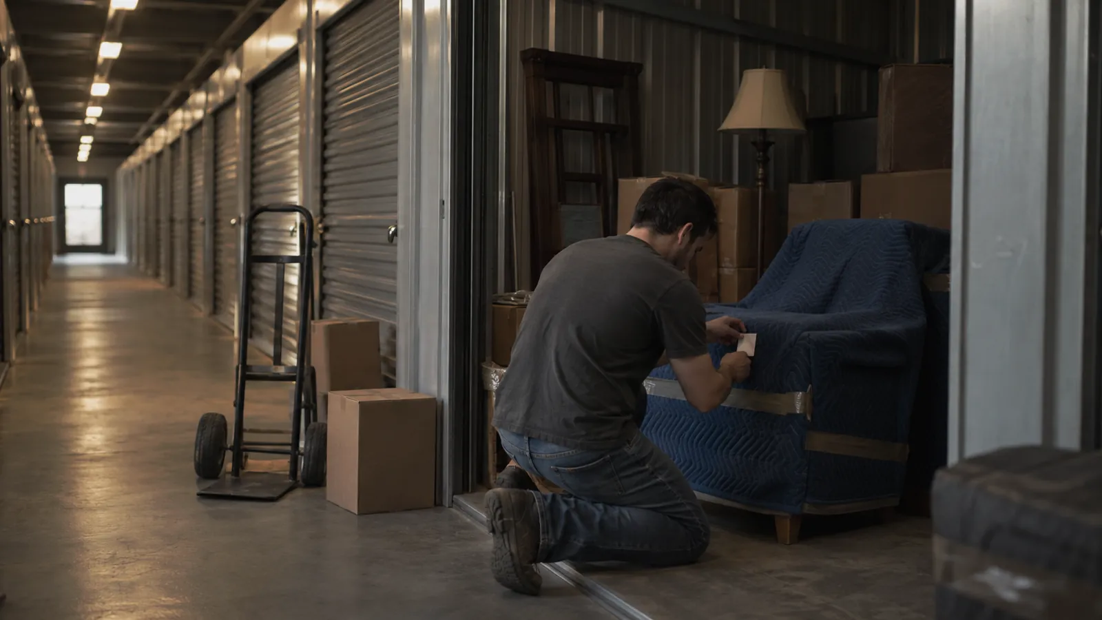 Worker tagging a blanket-wrapped armchair inside an open storage unit, corridor of roll-up doors behind