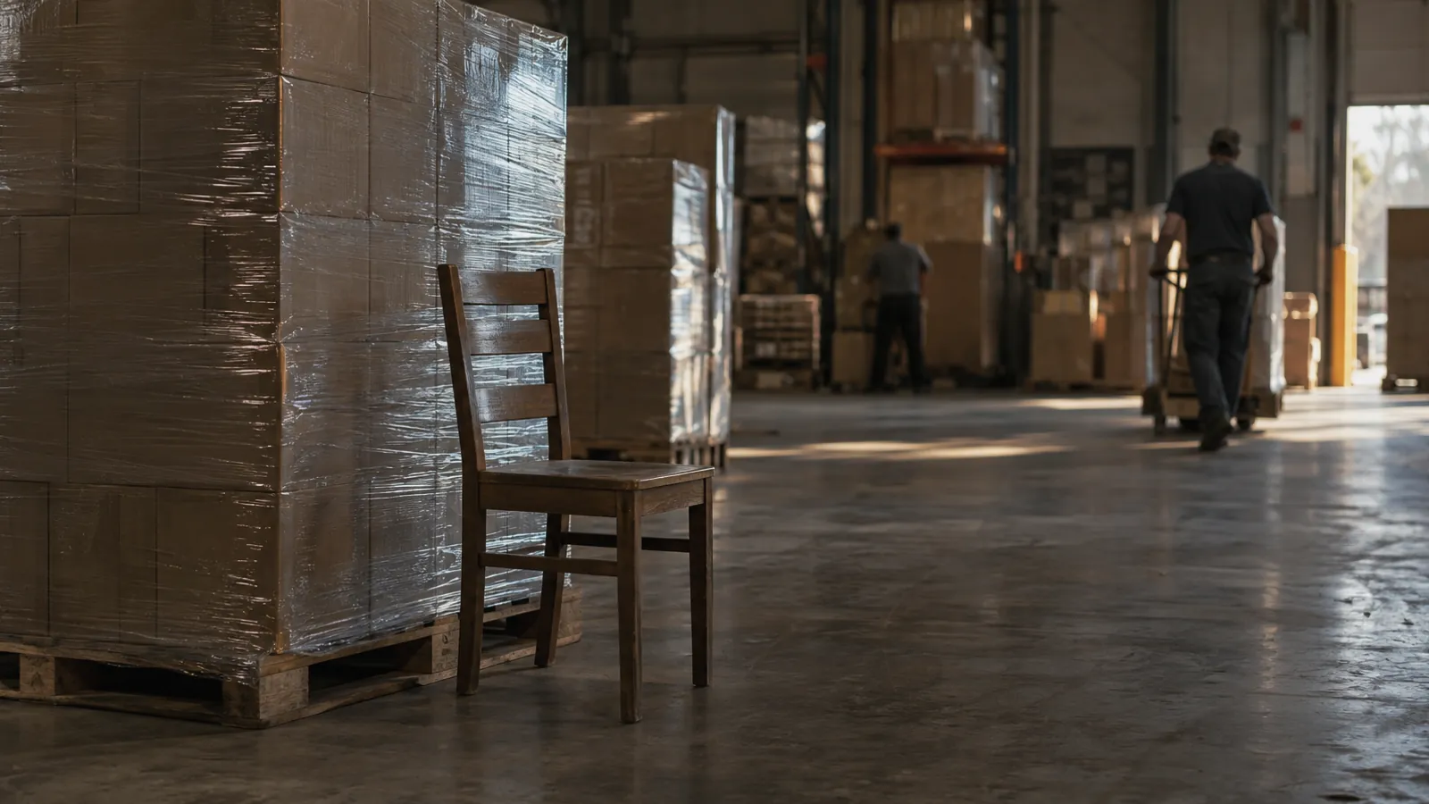 Single wooden chair standing beside a shrink-wrapped pallet of boxes on a warehouse floor