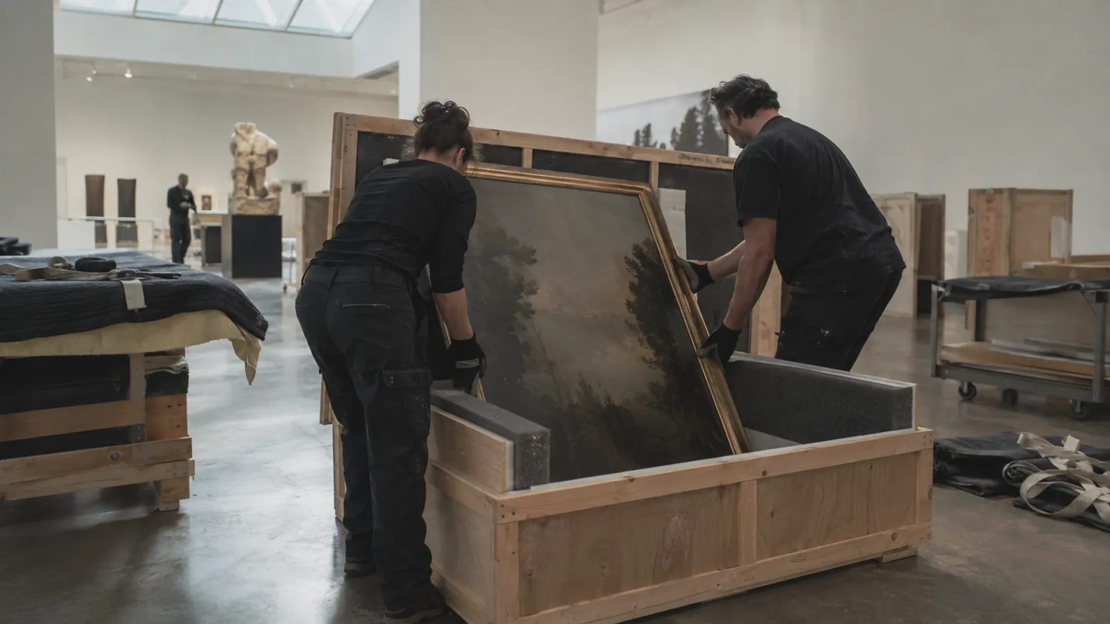 Two art handlers lowering a framed work into a foam-lined crate on a gallery floor
