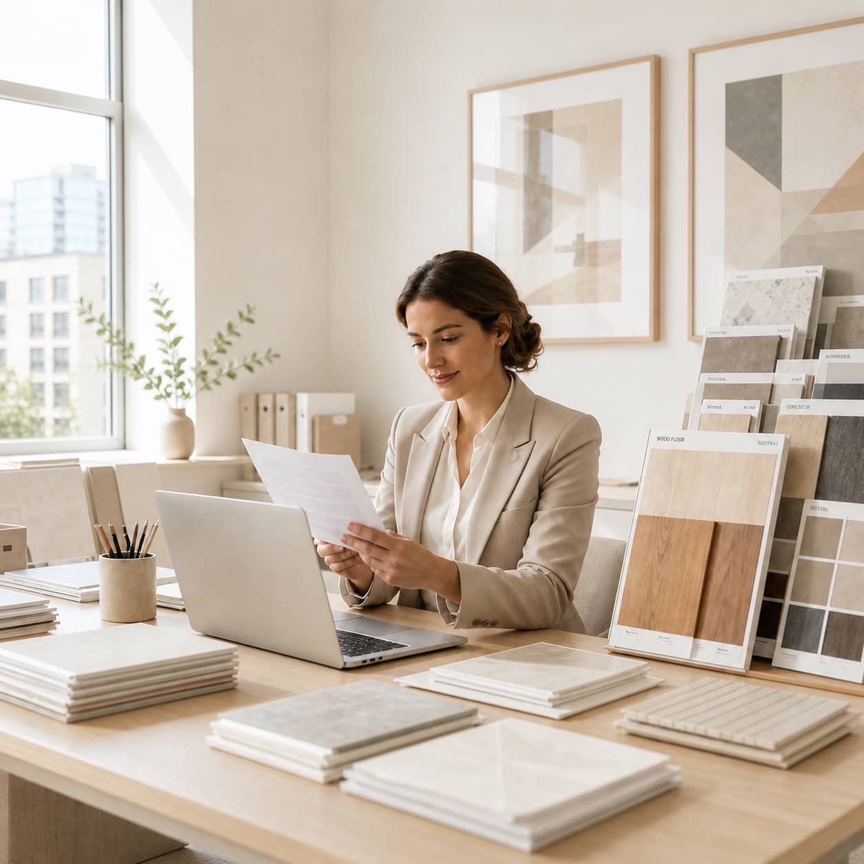 A designer reviewing a client's stored items on her laptop