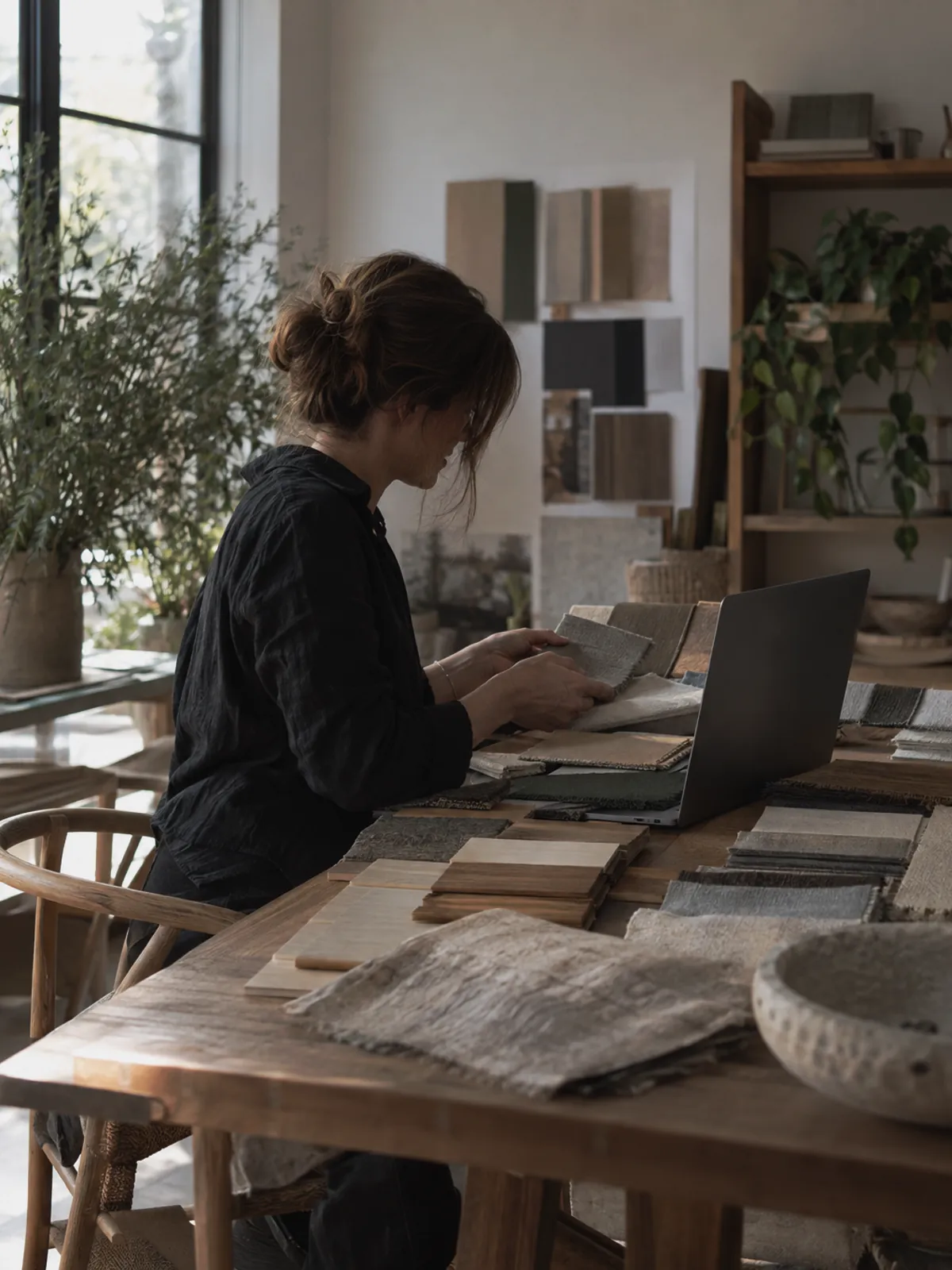 An interior designer at a worktable with fabric swatches and a laptop