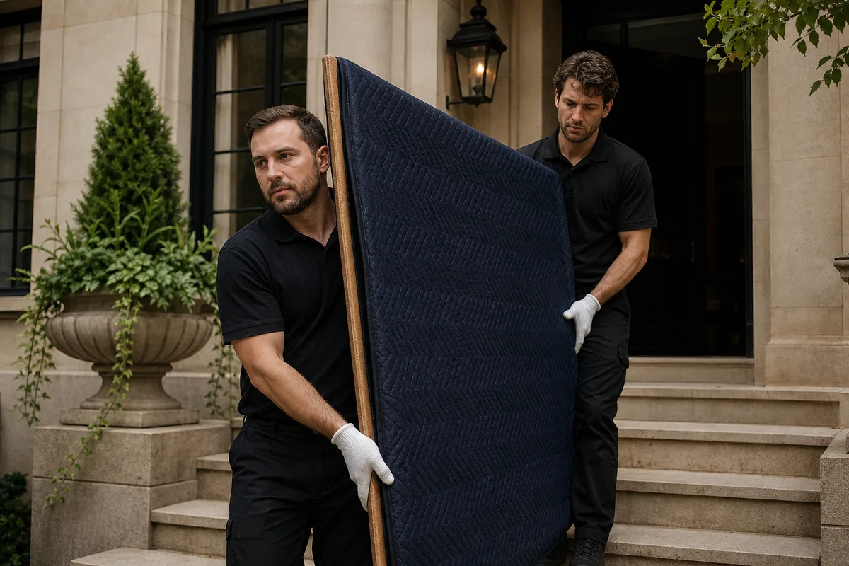 Two white-glove movers carefully carrying a wrapped painting