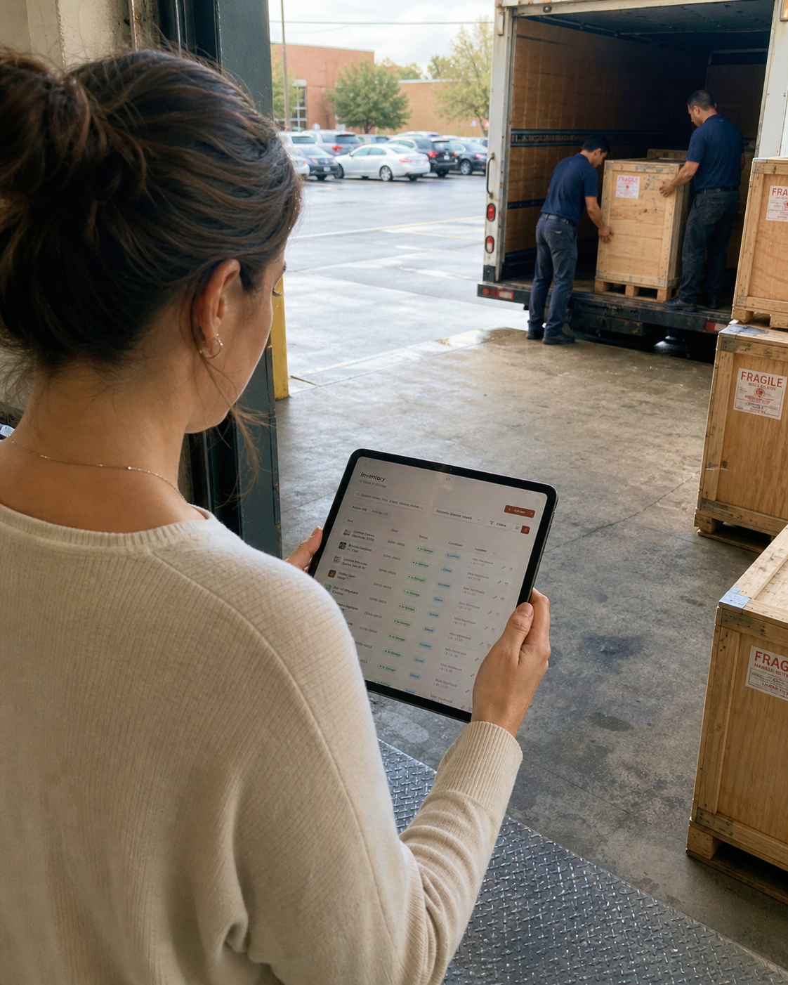 A warehouse operations manager at a desk with dual monitors overlooking a storage facility
