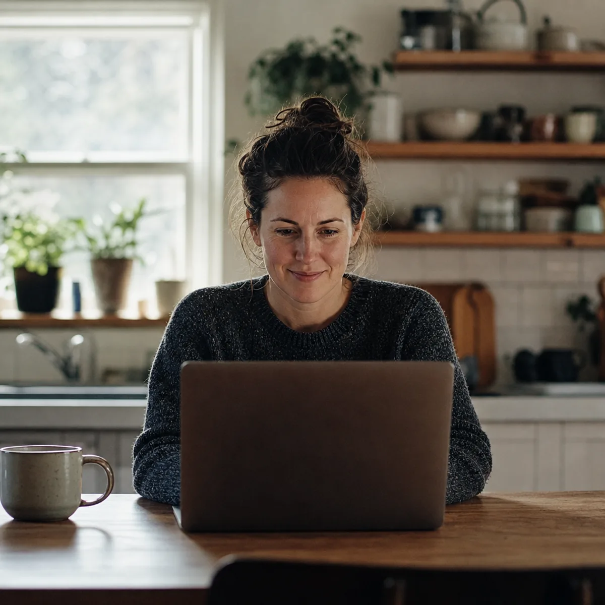 A client at a kitchen table reviewing her items on a laptop in morning light