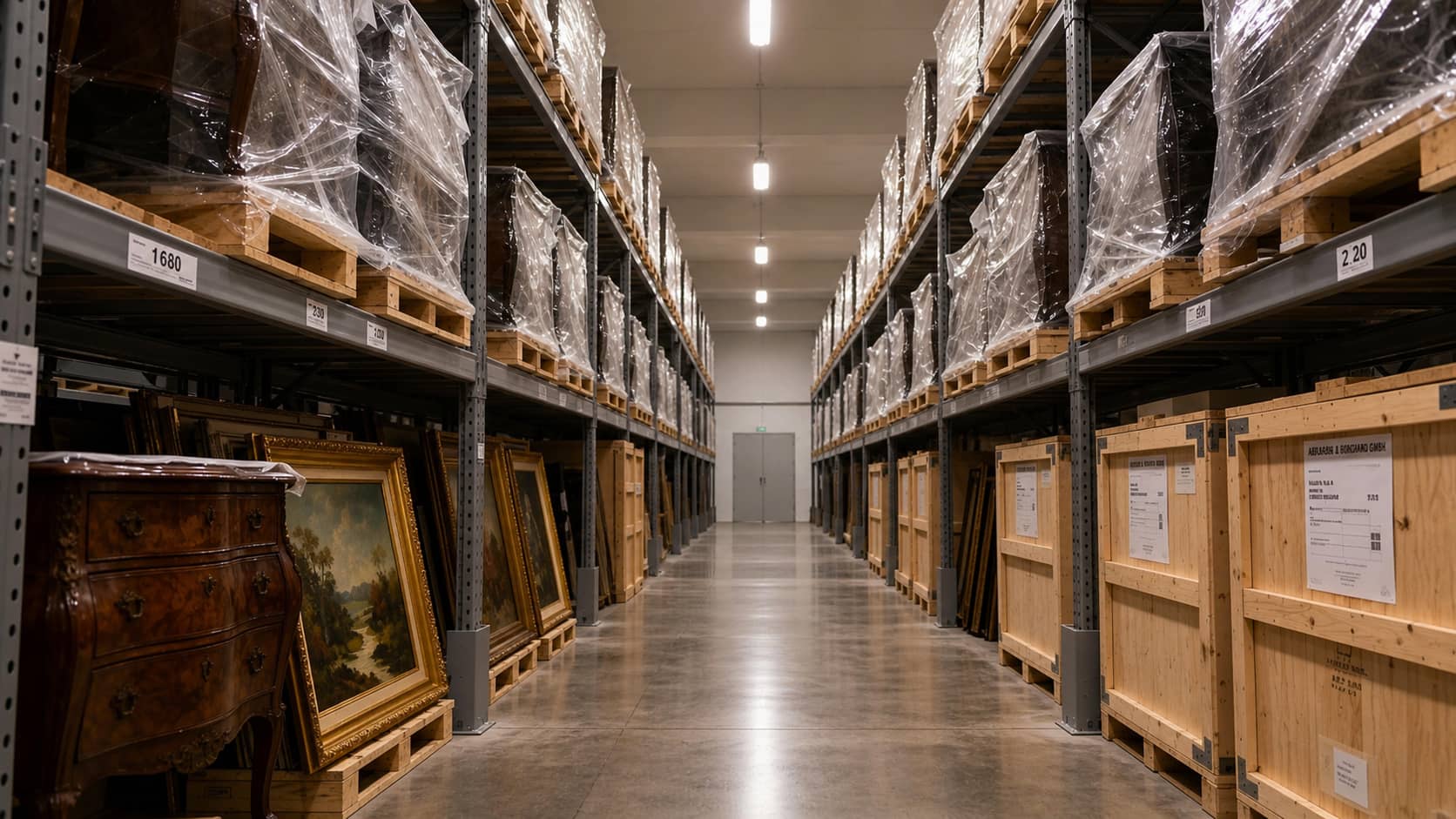 Organized fine-art storage warehouse with labeled crates and wrapped antiques