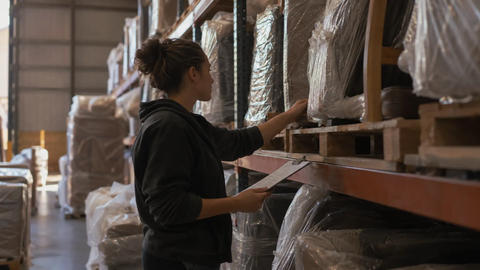 Storage operator comparing a printed sheet on a clipboard against a row of wrapped items