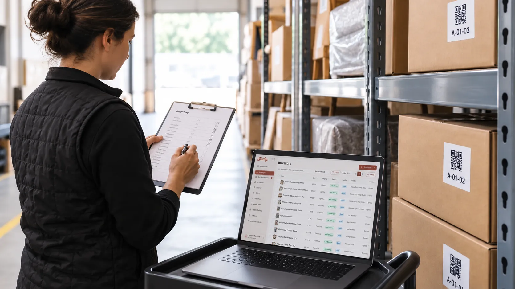 Storage operator comparing a printed inventory spreadsheet against labeled shelving in a warehouse