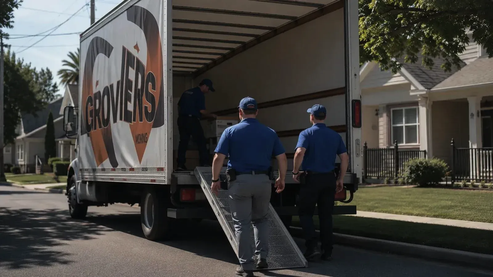 Moving crew loading a box truck in a suburban driveway while one member wraps a dresser in a moving blanket