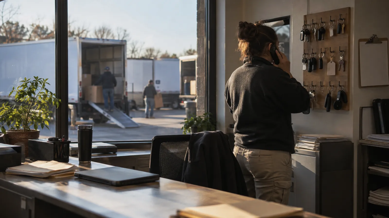 Moving company dispatcher on the phone beside a wall of truck keys, trucks visible through the window
