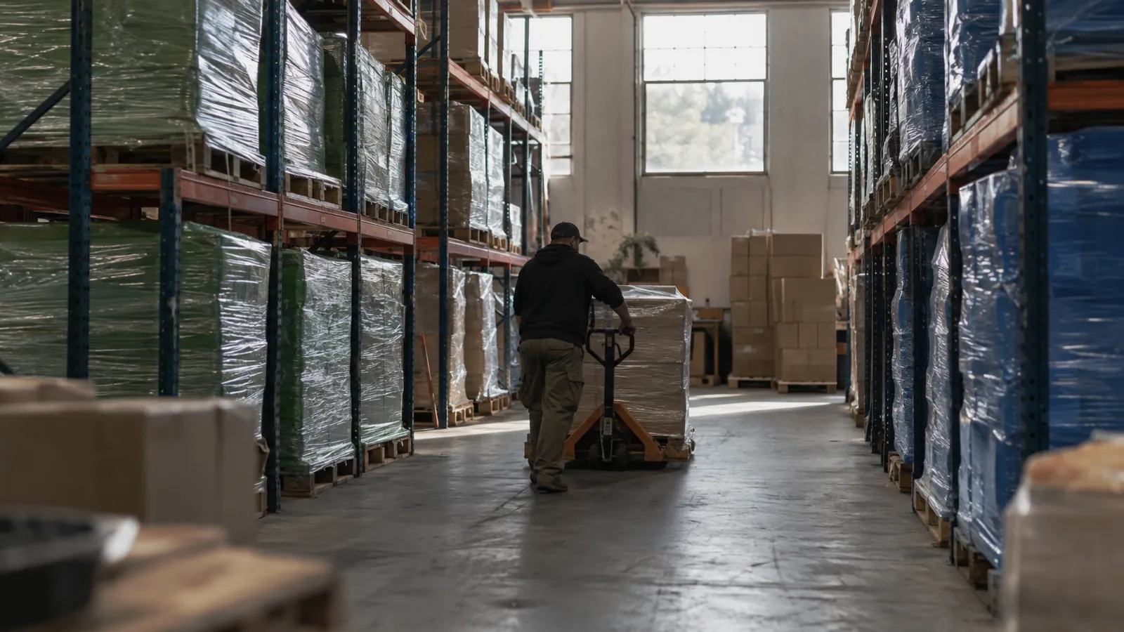Boutique 3PL warehouse aisles with pallets wrapped in different colors of film, worker steering a pallet jack