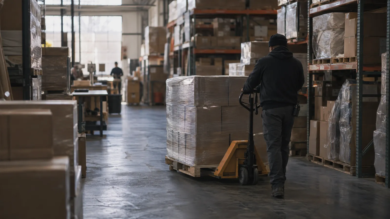 Worker pushing a wrapped pallet past aisles of client inventory in a boutique 3PL warehouse