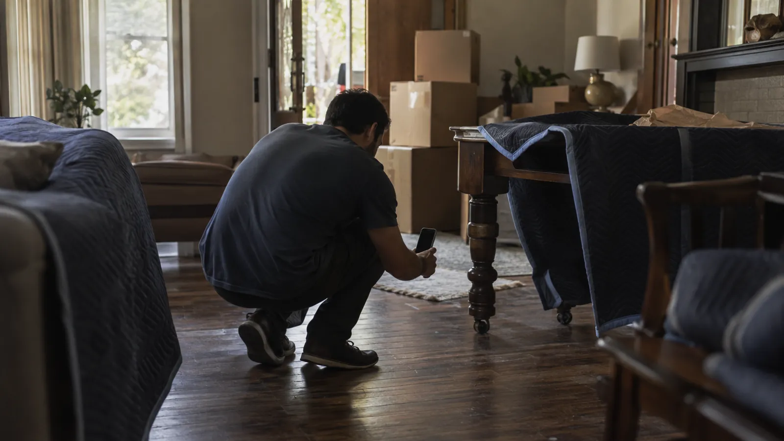 Mover crouching to photograph a table leg with a phone in a half-packed living room