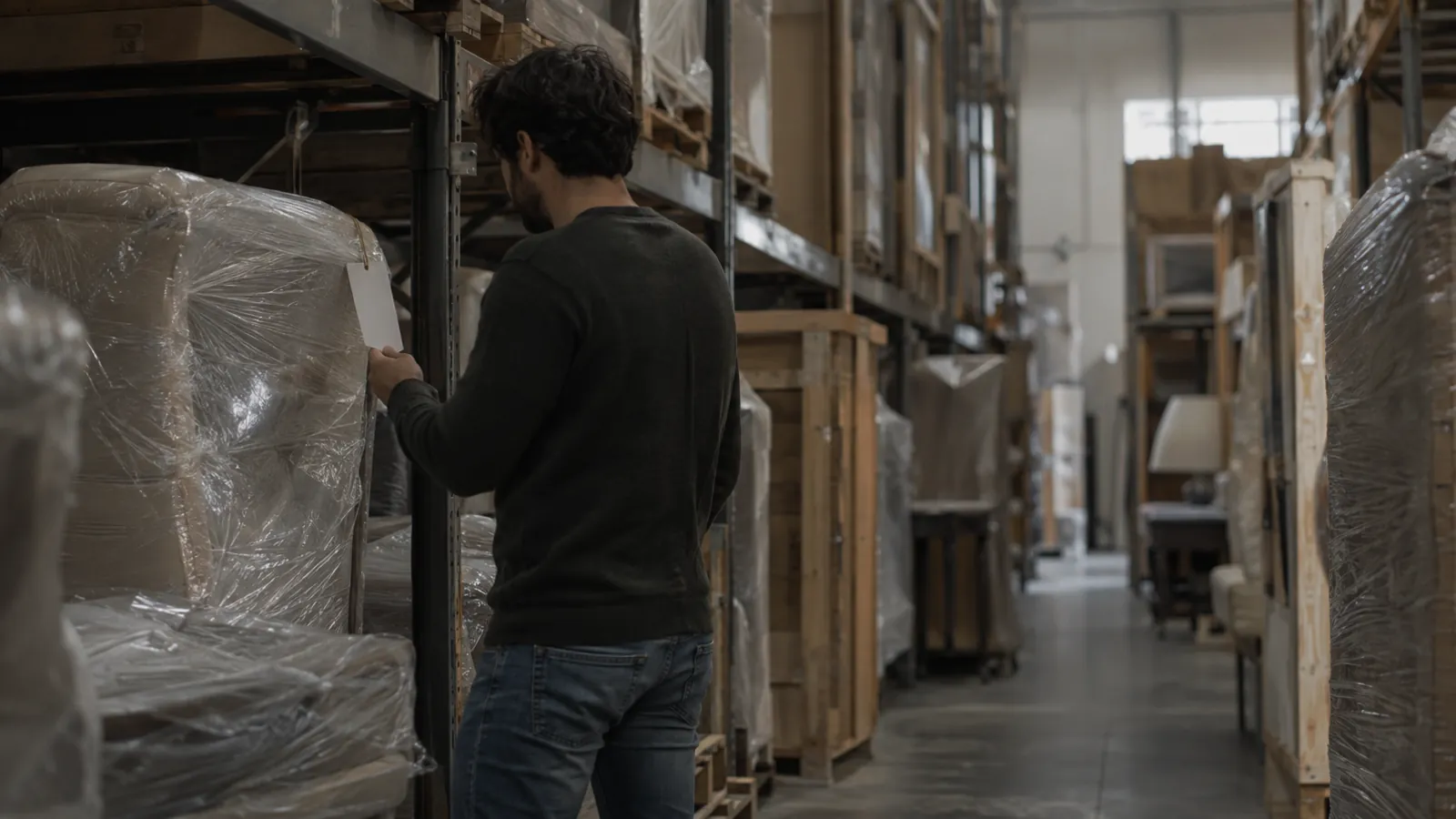 Operator checking a tag on a wrapped piece among racked furniture and crates in a private-client storage vault