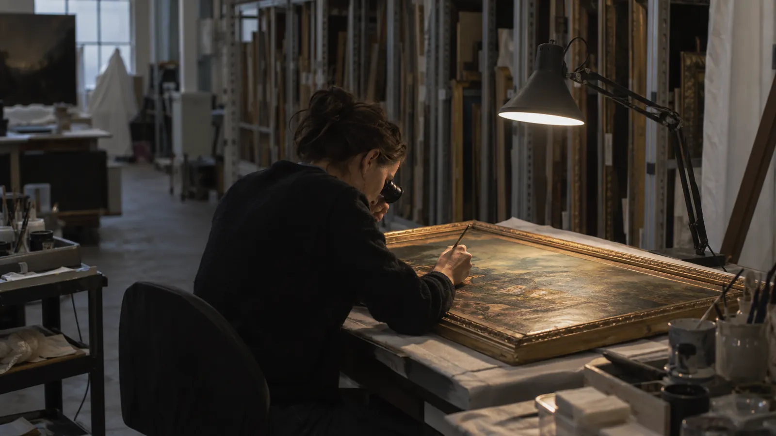 Registrar examining a painting laid flat on a worktable under a raking lamp in a gallery back room