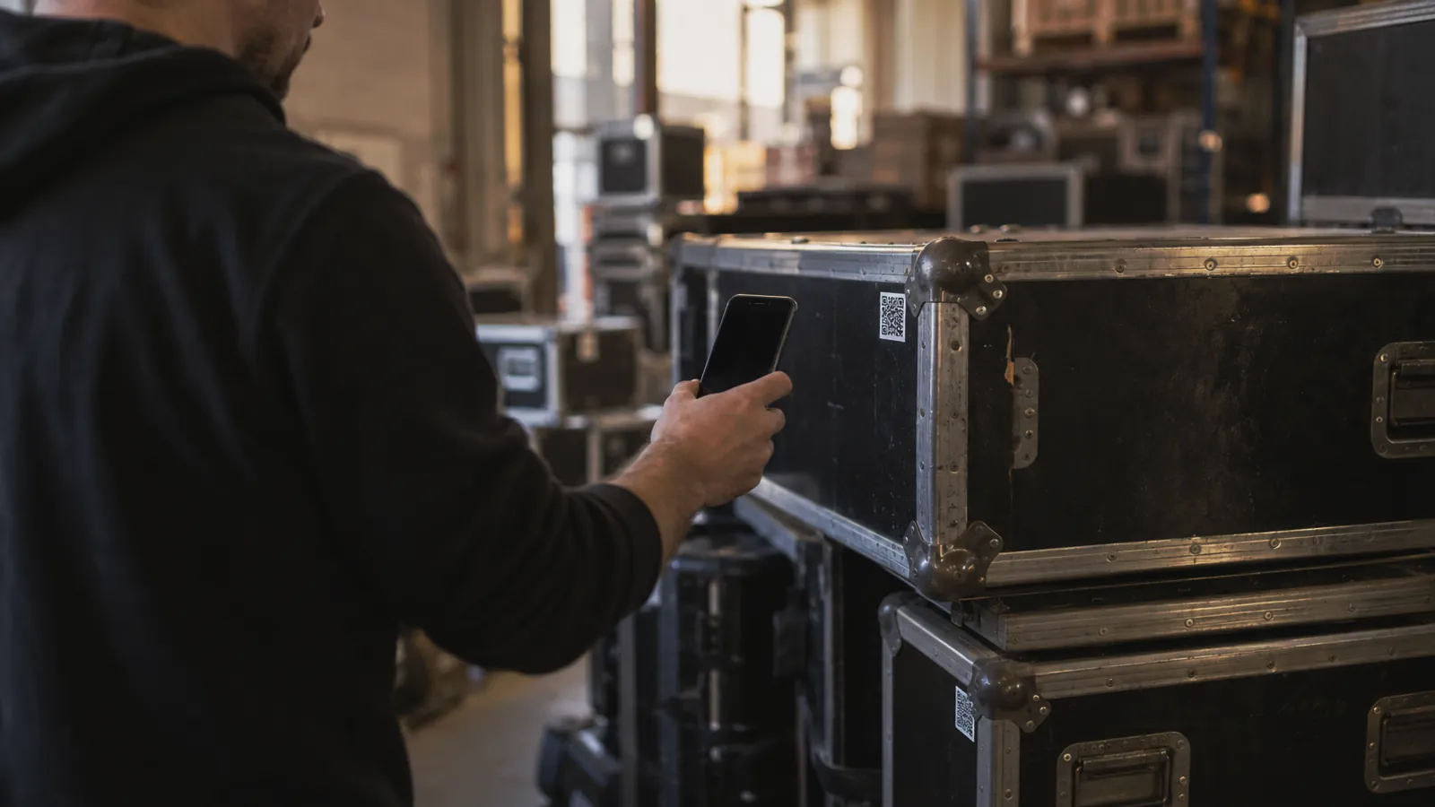 Technician's hand scanning a small square code sticker on a black road case with a phone