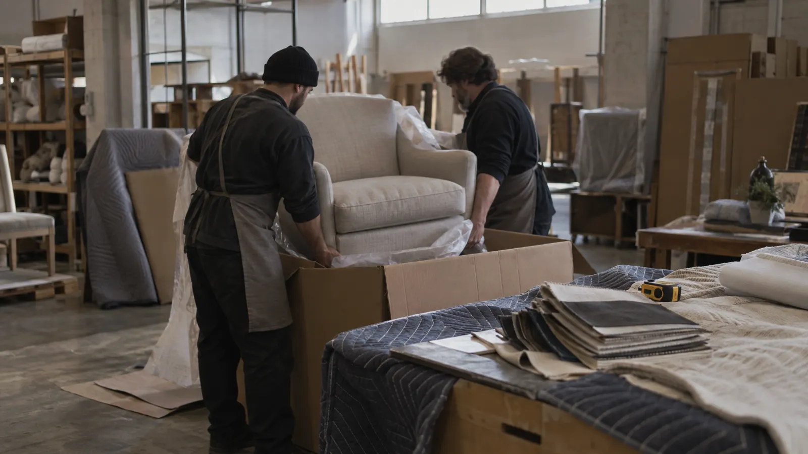 Two handlers in work aprons lift an upholstered armchair out of a carton in a white-glove receiving area, swatch book on the worktable