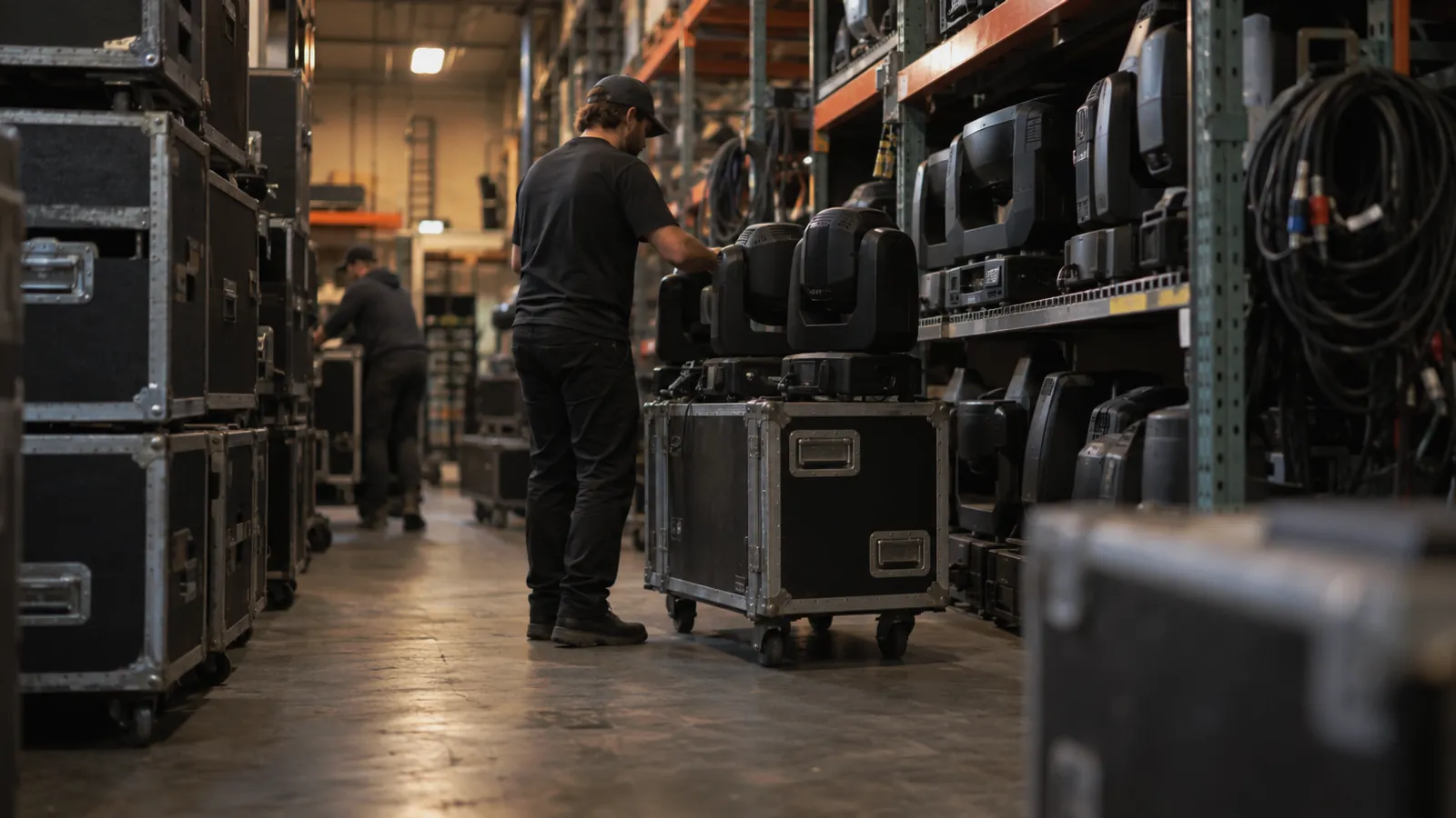 AV rental warehouse aisle with stacked road cases and a shelf of moving-head lighting fixtures pulled onto a cart