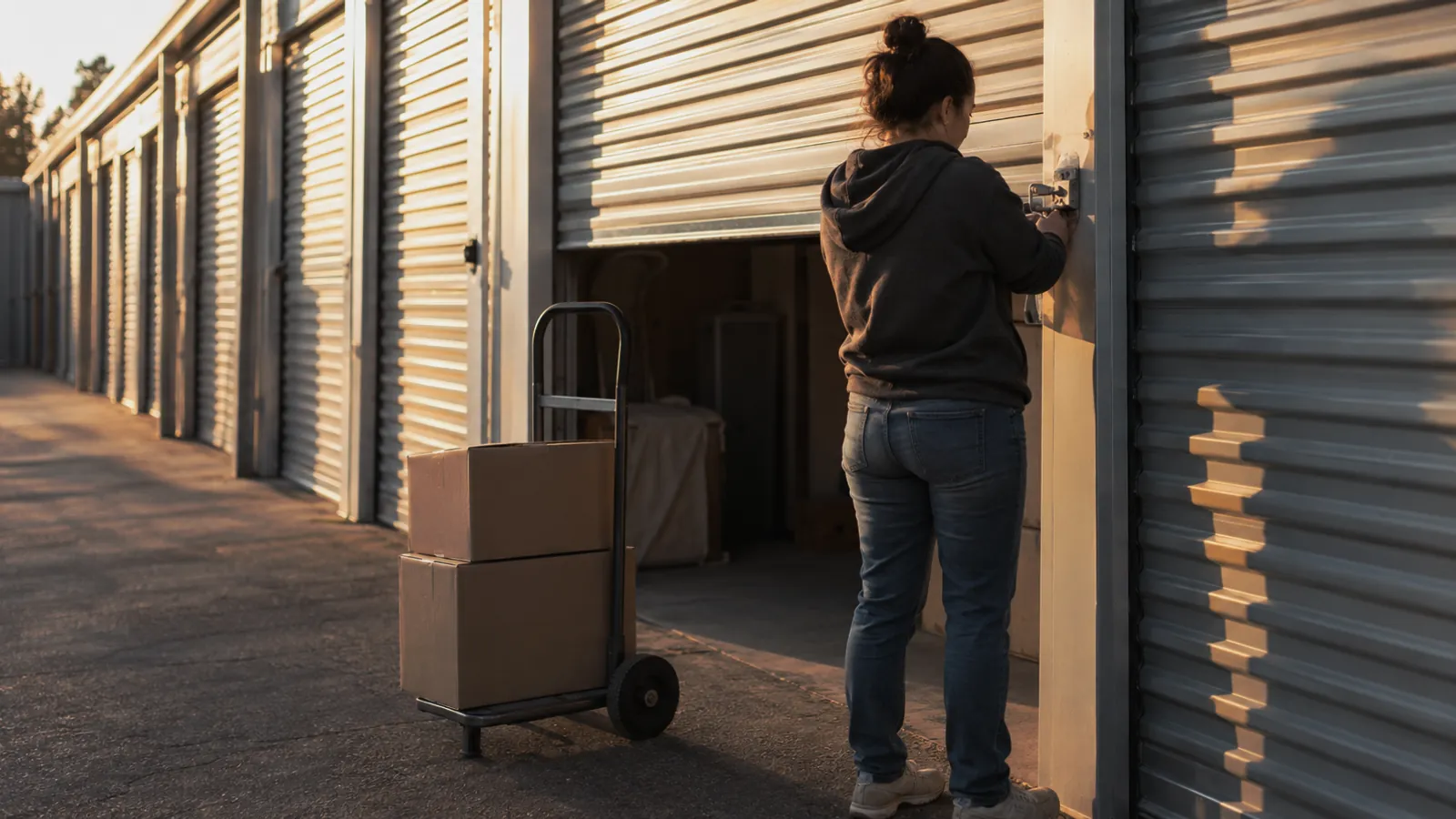 Corridor of self-storage roll-up doors in raking sunlight, one door half open with a hand truck beside it and a person locking up