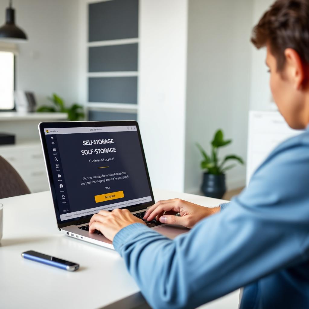 Customer using a self-storage portal on a laptop at home Customer using a self-storage portal on a laptop at home