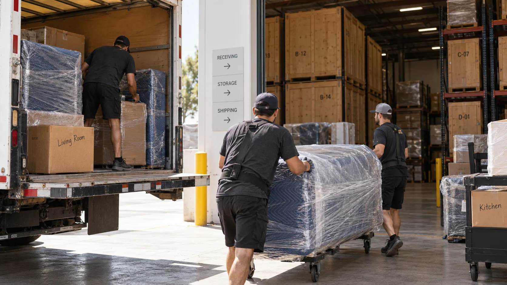 Moving crew loading wrapped household goods into a warehouse bay for temporary storage