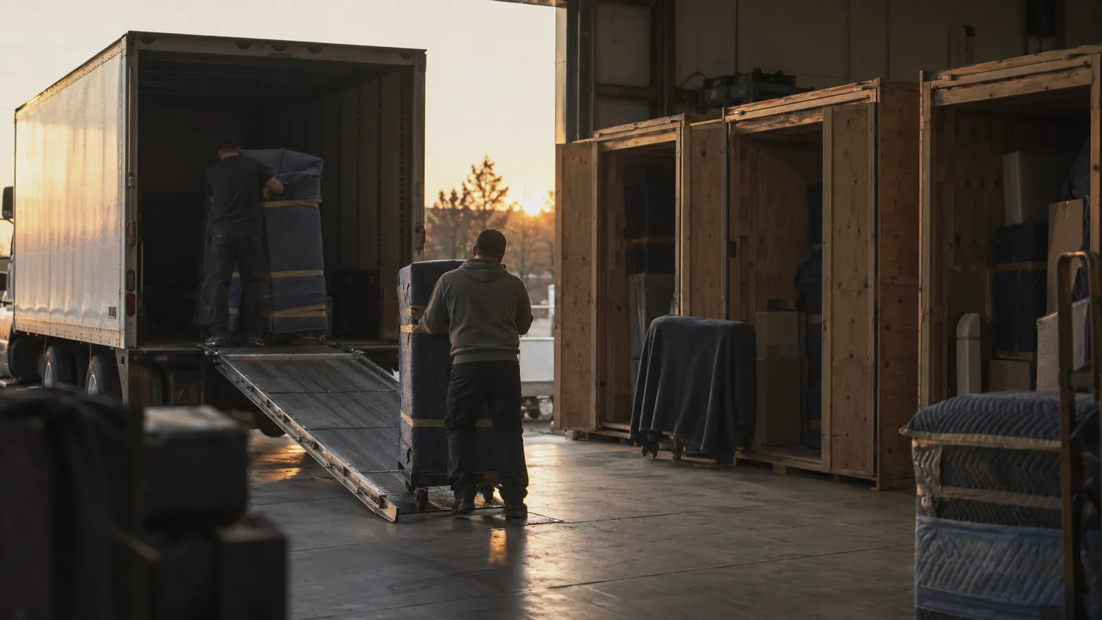 Moving crew unloading wrapped household goods into a warehouse bay with open wooden vaults
