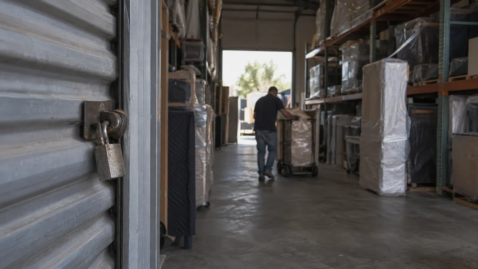Self-storage roll-up door in the foreground opening onto a valet storage warehouse with racking and a worker