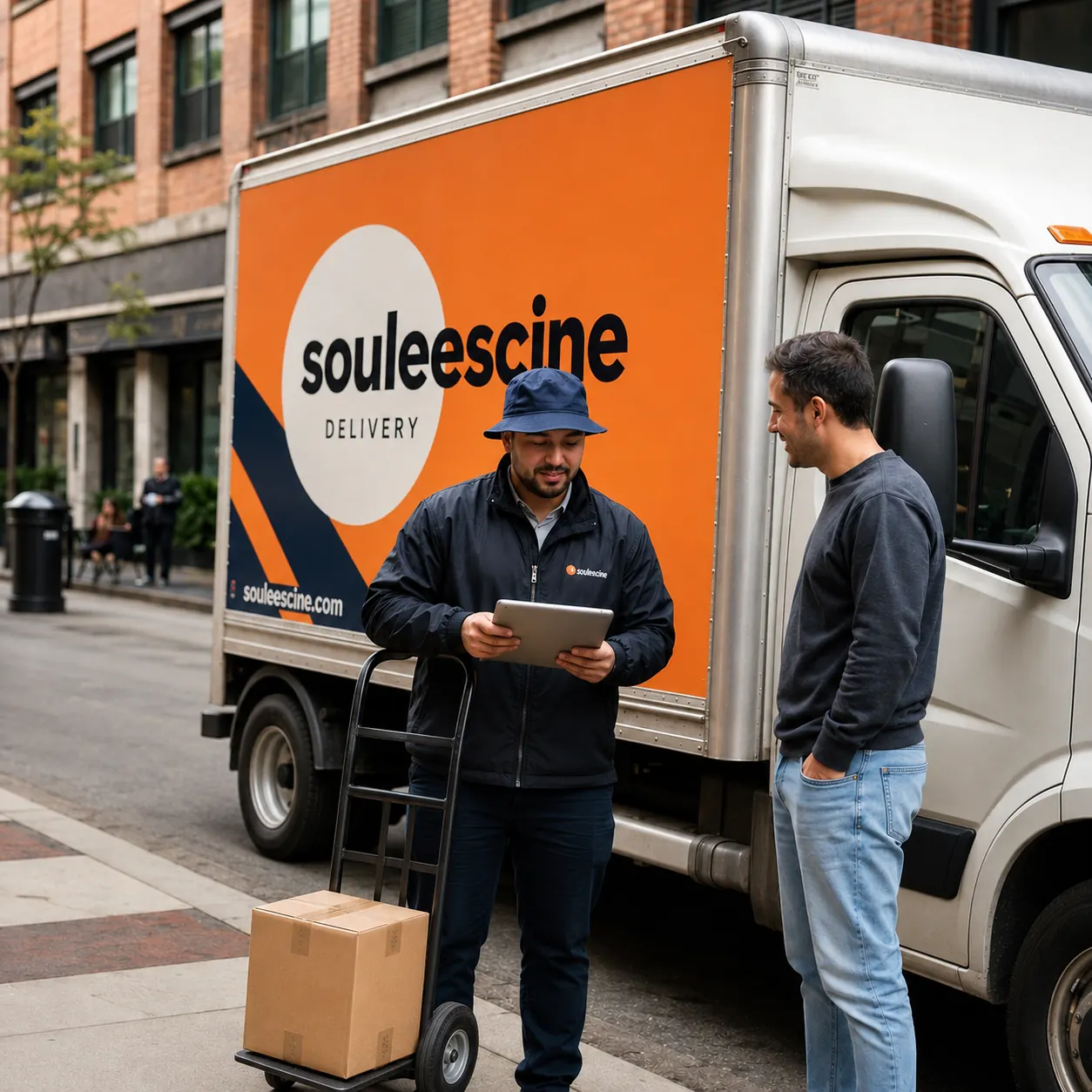 Two-person white-glove delivery crew unloading a branded box truck on a city street