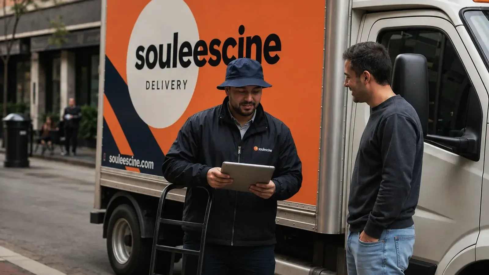 Two-person delivery team lifting a blanket-wrapped dresser off a box truck liftgate on a tree-lined residential street