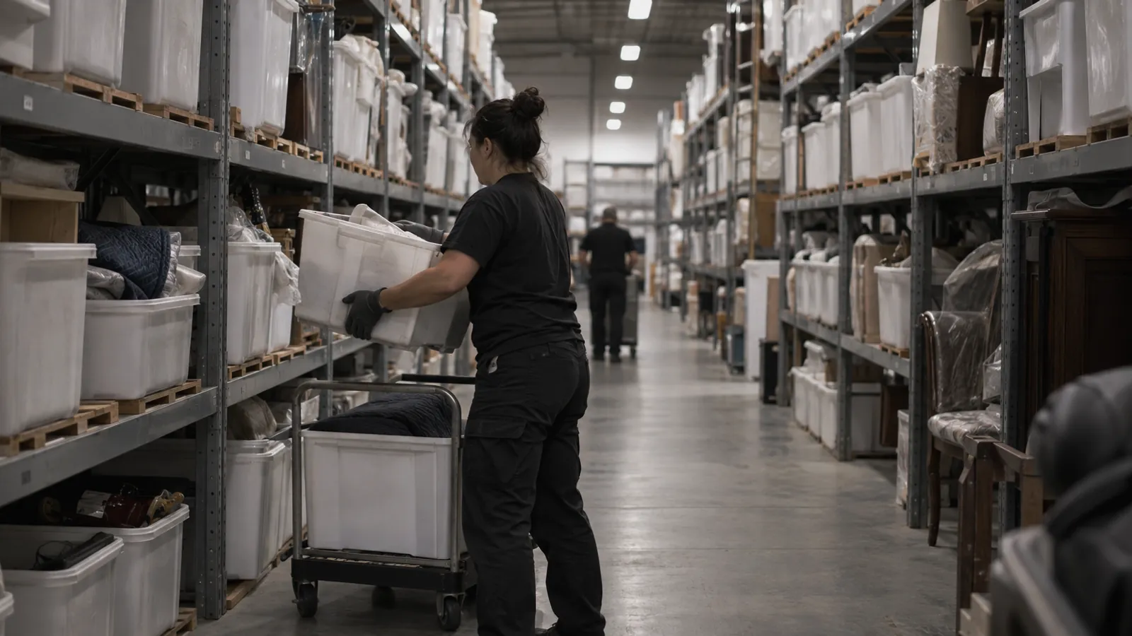 Worker lifting a white bin onto a cart in a valet storage aisle of stacked bins on steel shelving