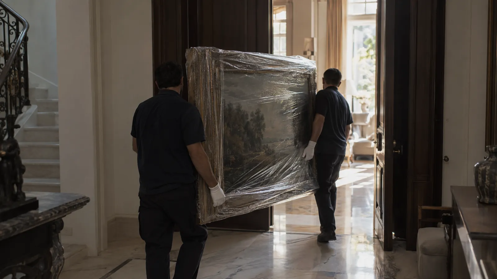 Two gloved handlers carrying a wrapped framed painting through a doorway into a bright home