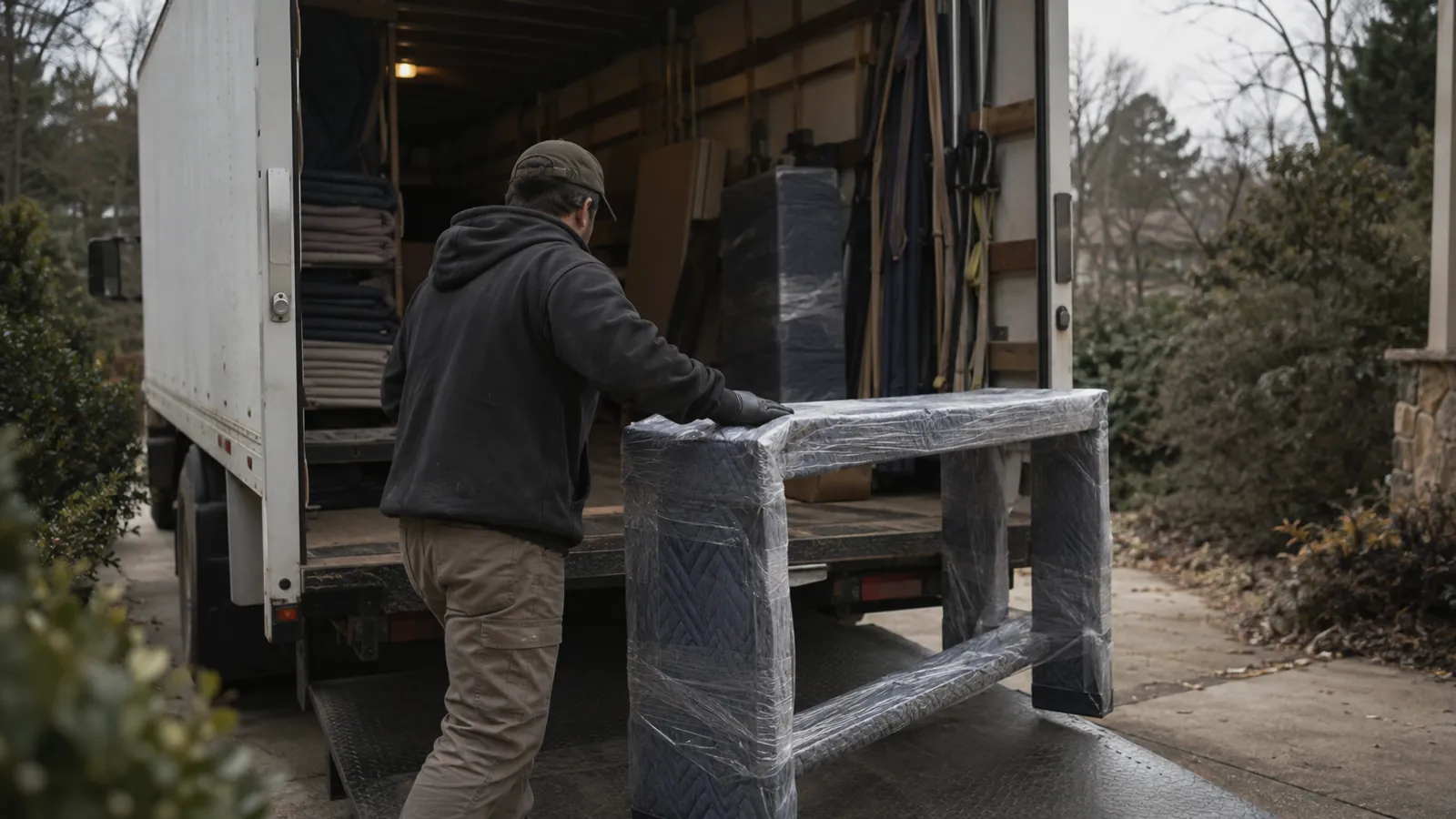 Gloved handler checking a wrapped console table at the open rear of a delivery truck