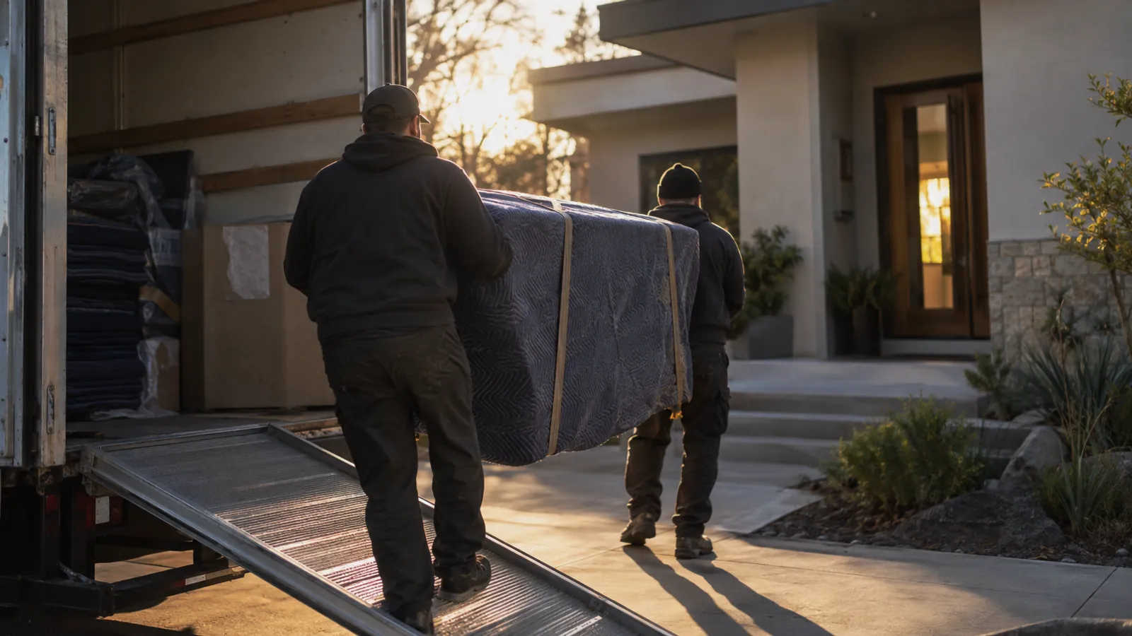 Two-person crew carrying a wrapped item down a truck ramp toward a modern home