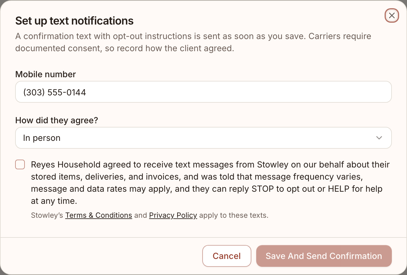 Operator dialog for recording a client's verbal consent, with an unchecked consent checkbox, Terms and Conditions and Privacy Policy links, and a disabled save button