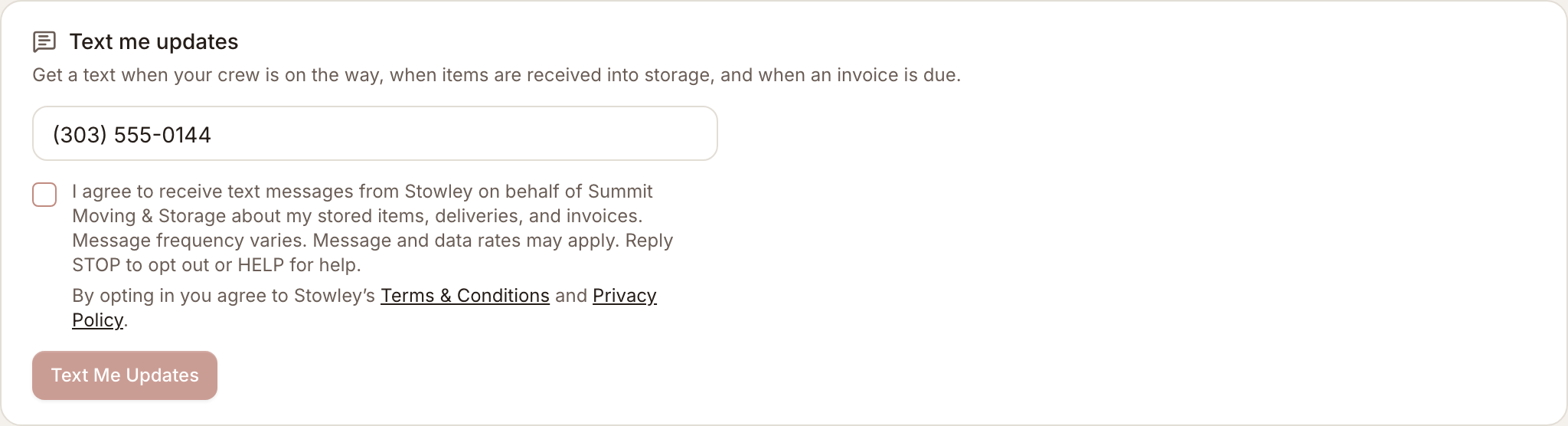 Client portal text updates form with an empty mobile number field, an unchecked consent checkbox, Terms and Conditions and Privacy Policy links, and a disabled submit button